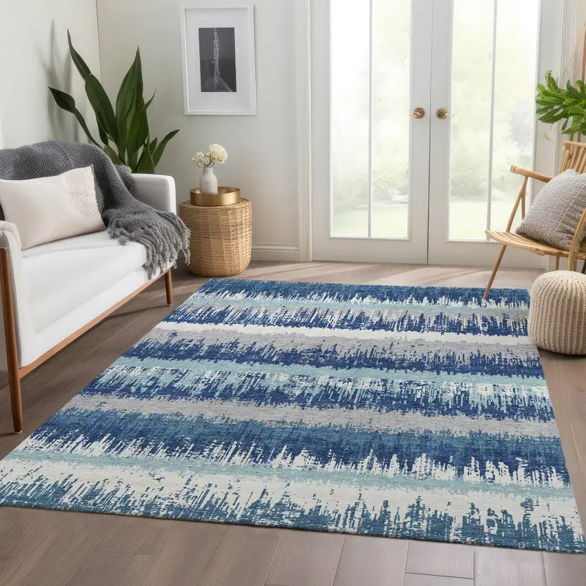 Blue Ivory And Gray Striped Washable Area Rug With UV Protection Photo 4