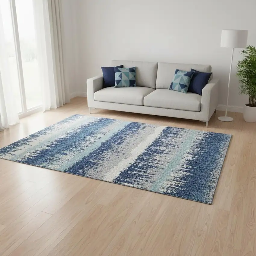 Blue Ivory And Gray Striped Washable Area Rug With UV Protection Photo 2