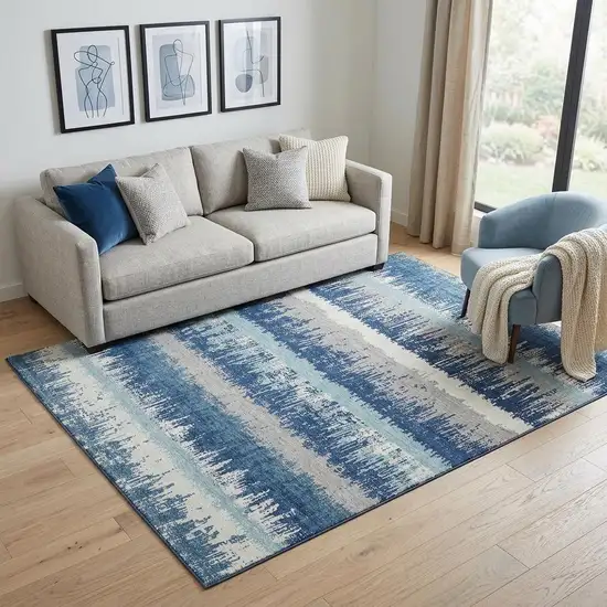 Blue Ivory And Gray Striped Washable Area Rug With UV Protection Photo 1