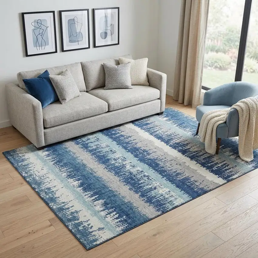 Blue Ivory And Gray Striped Washable Area Rug With UV Protection Photo 1