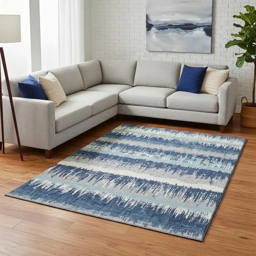Blue Ivory And Gray Striped Washable Area Rug With UV Protection Photo 2