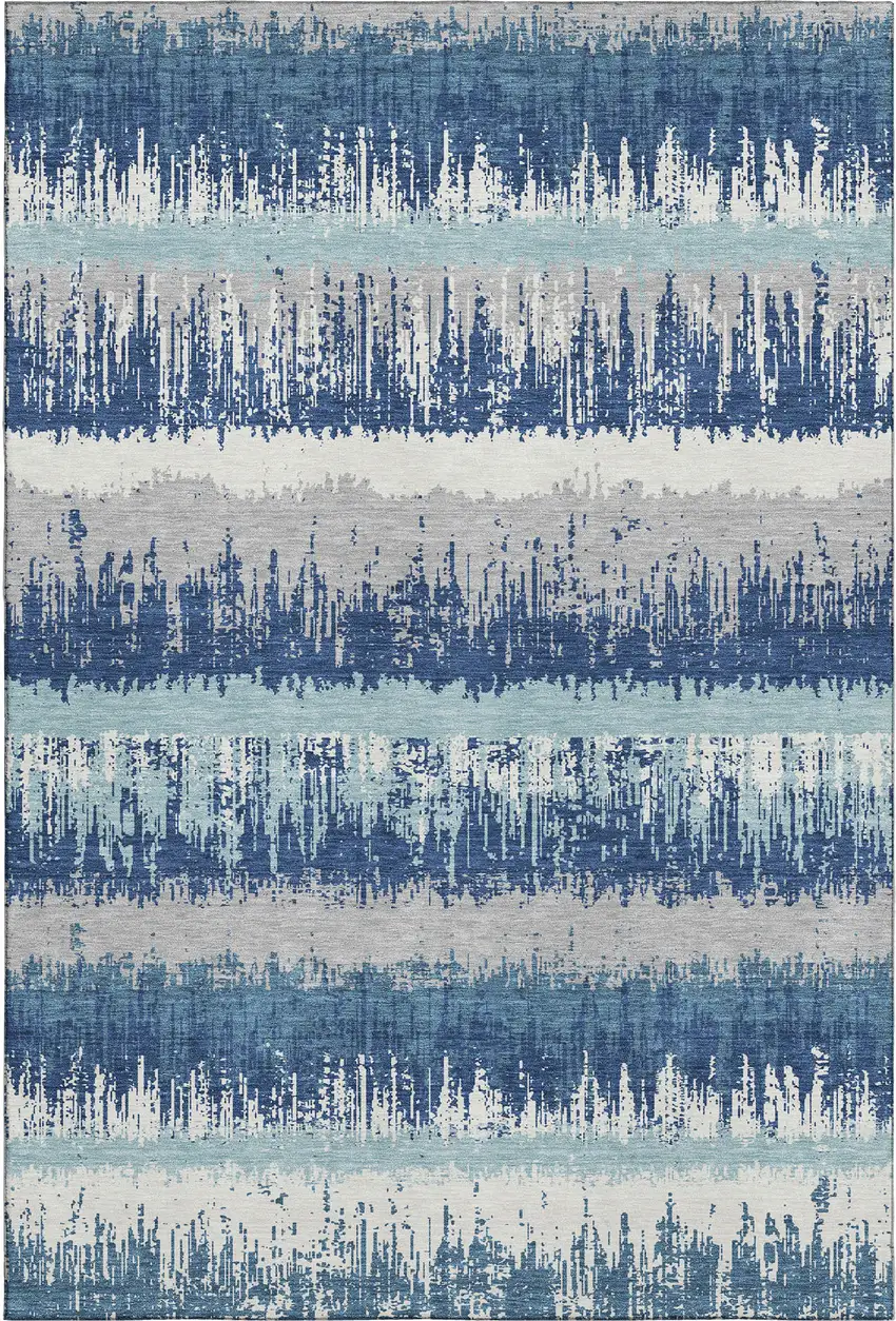 Blue Ivory And Gray Striped Washable Area Rug With UV Protection Photo 1