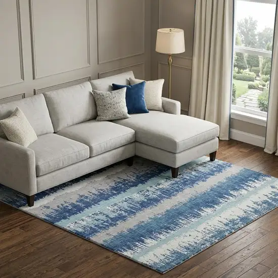 Blue Ivory And Gray Striped Washable Area Rug With UV Protection Photo 1