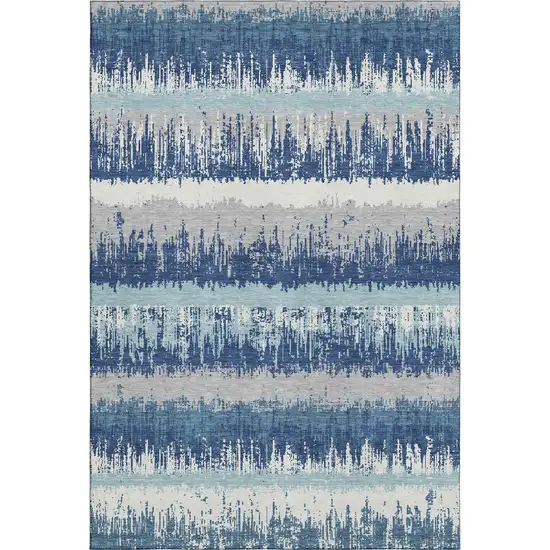 Blue Ivory And Gray Striped Washable Area Rug With UV Protection Photo 1