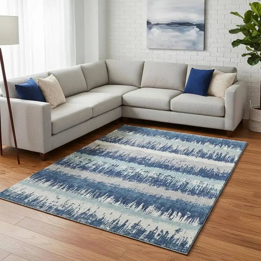 Blue Ivory And Gray Striped Washable Area Rug With UV Protection Photo 2