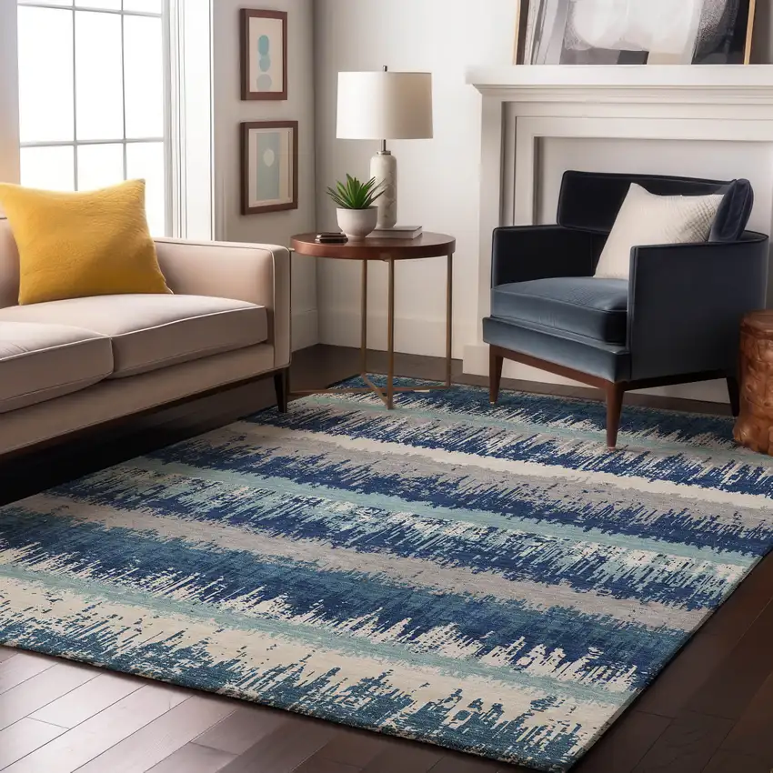 Blue Ivory And Gray Striped Washable Area Rug With UV Protection Photo 4