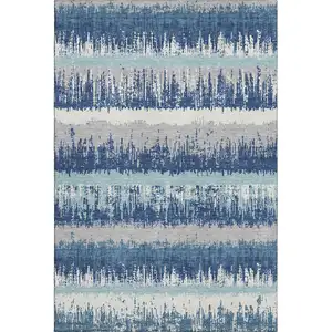 Photo of Blue Ivory And Gray Striped Washable Area Rug With UV Protection