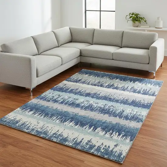 Blue Ivory And Gray Striped Washable Area Rug With UV Protection Photo 2