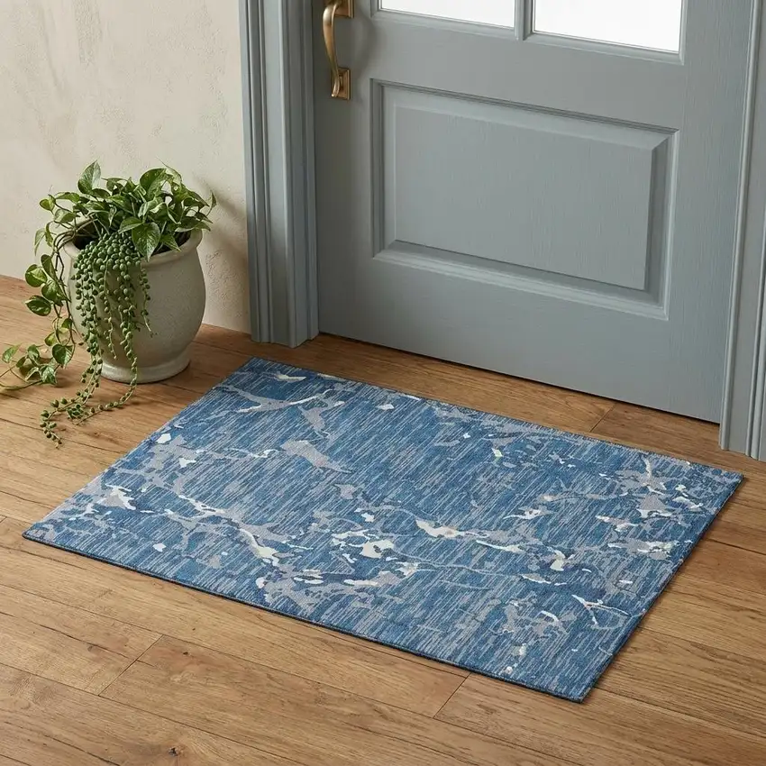 Blue Ivory And Gray Striped Washable Area Rug With UV Protection Photo 1