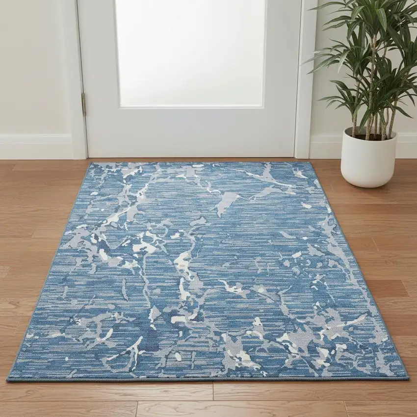 Blue Ivory And Gray Striped Washable Area Rug With UV Protection Photo 2