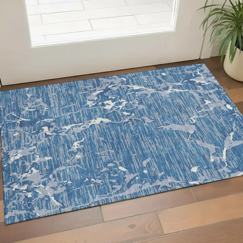 Blue Ivory And Gray Striped Washable Area Rug With UV Protection Photo 1