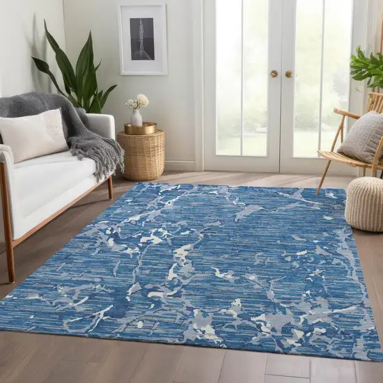 Blue Ivory And Gray Striped Washable Area Rug With UV Protection Photo 4