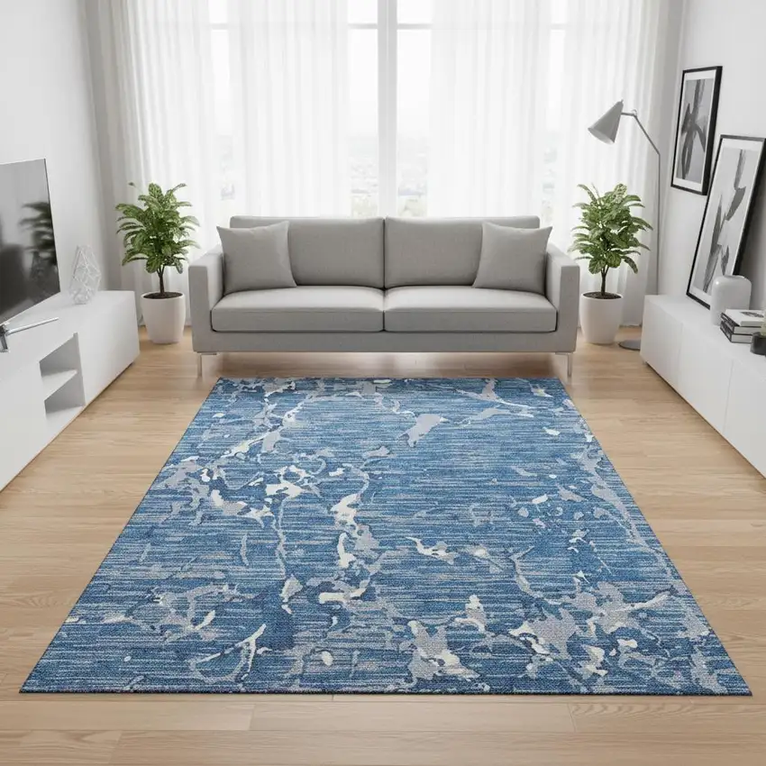 Blue Ivory And Gray Striped Washable Area Rug With UV Protection Photo 2