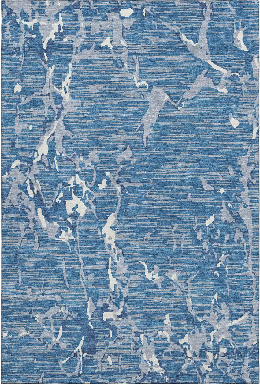 Blue Ivory And Gray Striped Washable Area Rug With UV Protection Photo 1