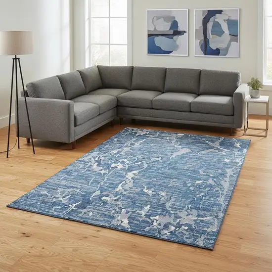 Blue Ivory And Gray Striped Washable Area Rug With UV Protection Photo 2