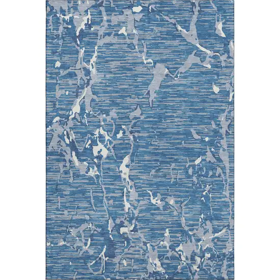 Blue Ivory And Gray Striped Washable Area Rug With UV Protection Photo 1