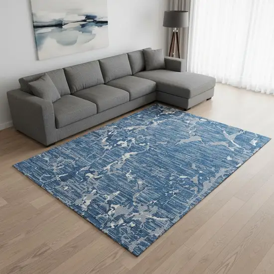 Blue Ivory And Gray Striped Washable Area Rug With UV Protection Photo 2