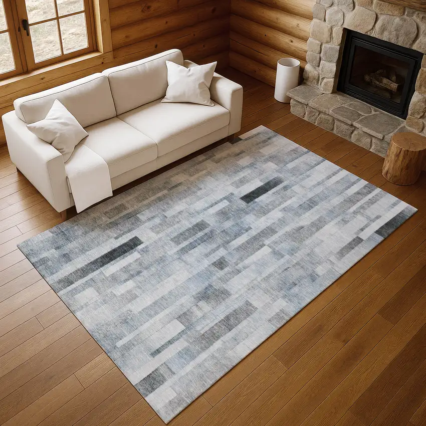 Blue Ivory And Gray Striped Washable Area Rug With UV Protection Photo 4