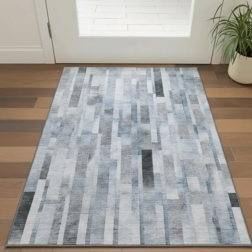 Blue Ivory And Gray Striped Washable Area Rug With UV Protection Photo 2