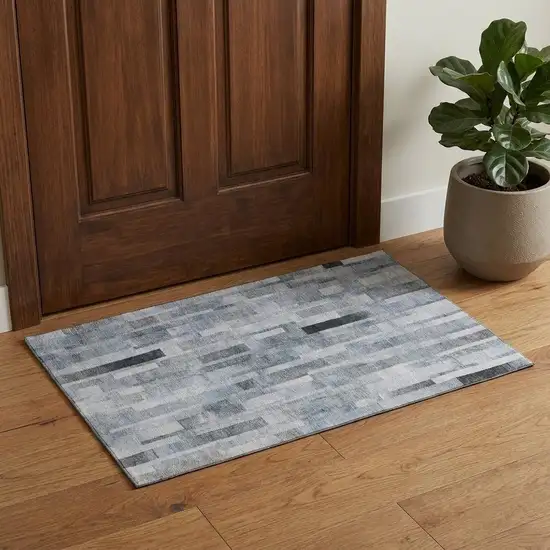 Blue Ivory And Gray Striped Washable Area Rug With UV Protection Photo 1