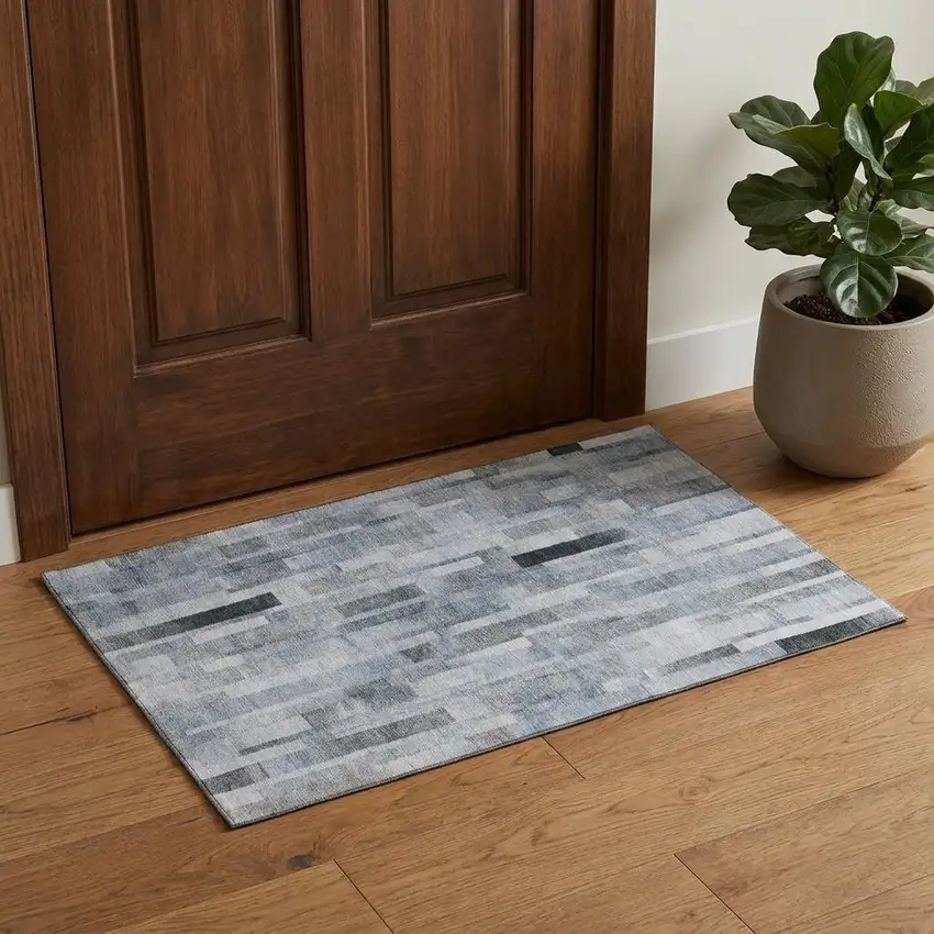 Blue Ivory And Gray Striped Washable Area Rug With UV Protection Photo 1