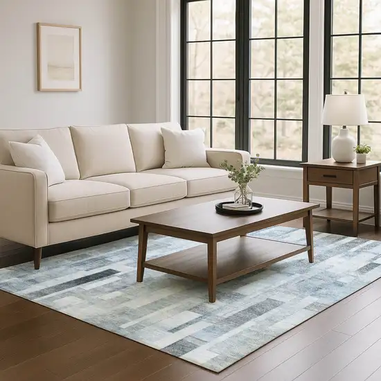 Blue Ivory And Gray Striped Washable Area Rug With UV Protection Photo 4