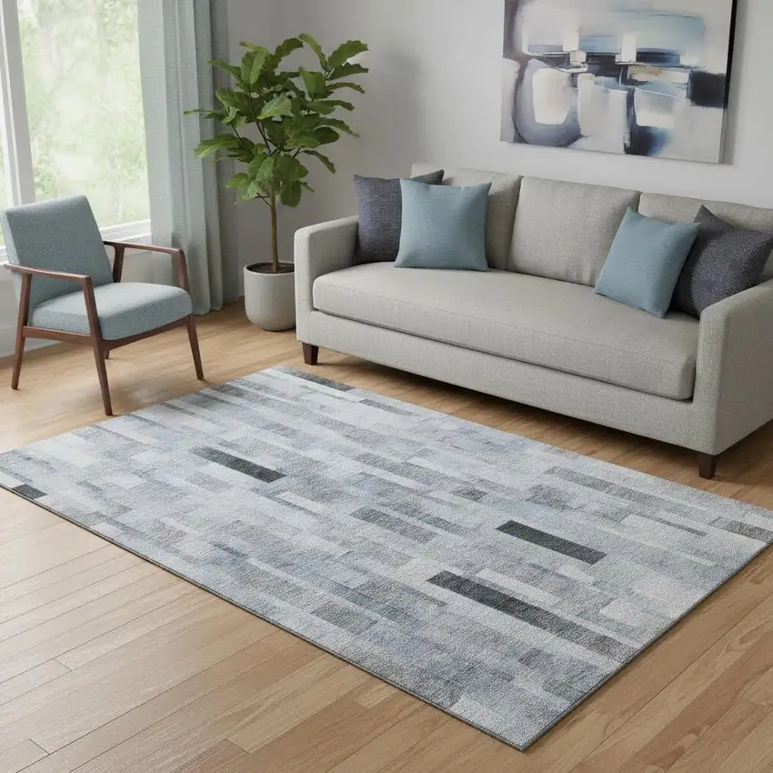 Blue Ivory And Gray Striped Washable Area Rug With UV Protection Photo 2