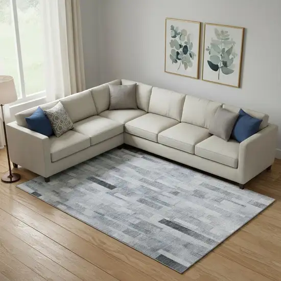 Blue Ivory And Gray Striped Washable Area Rug With UV Protection Photo 2