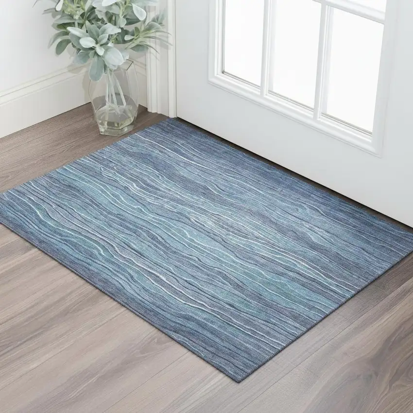 Blue Ivory And Gray Striped Washable Area Rug With UV Protection Photo 2