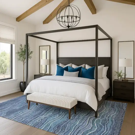 Blue Ivory And Gray Striped Washable Area Rug With UV Protection Photo 4