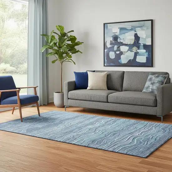 Blue Ivory And Gray Striped Washable Area Rug With UV Protection Photo 2