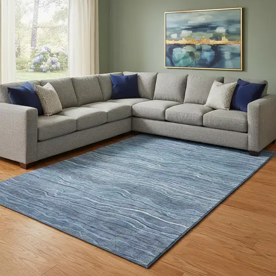 Blue Ivory And Gray Striped Washable Area Rug With UV Protection Photo 2