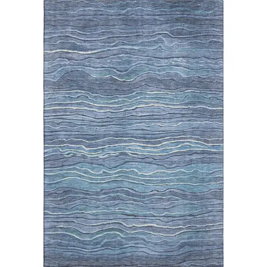 Blue Ivory And Gray Striped Washable Area Rug With UV Protection Photo 1