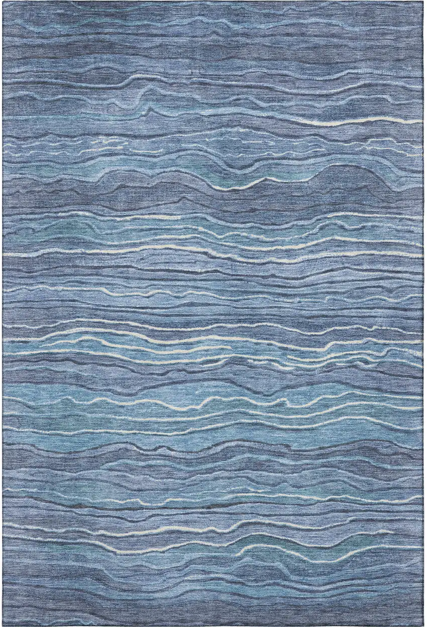 Blue Ivory And Gray Striped Washable Area Rug With UV Protection Photo 2