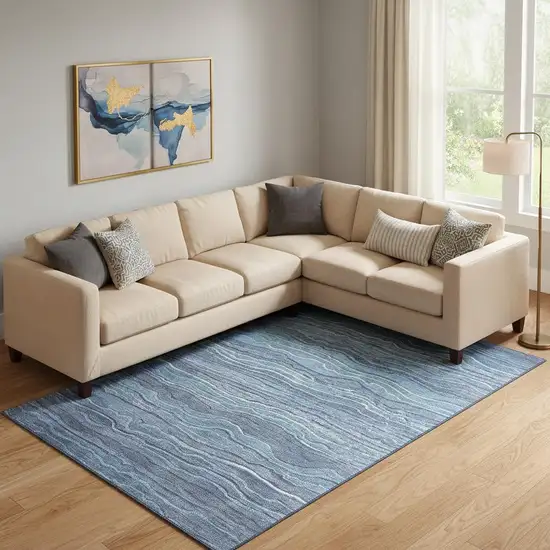 Blue Ivory And Gray Striped Washable Area Rug With UV Protection Photo 2