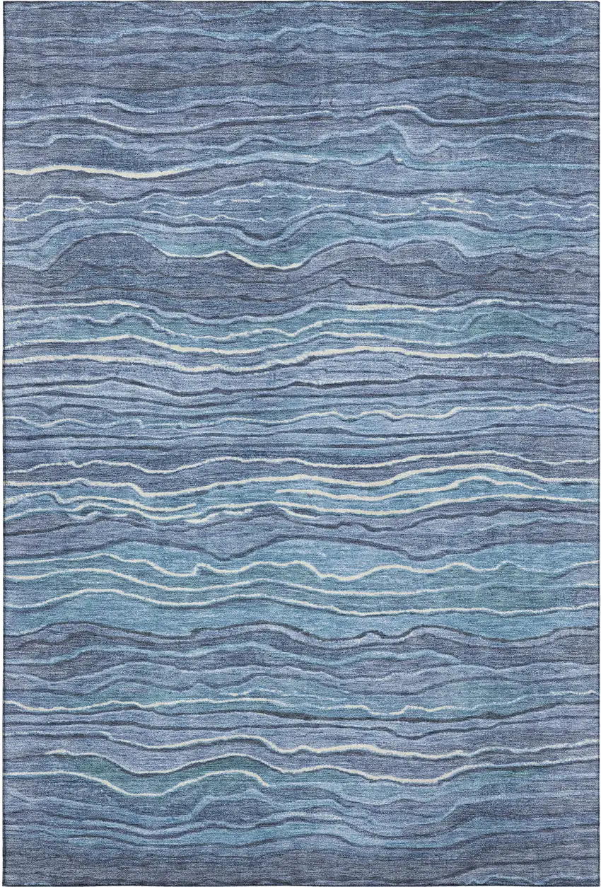 Blue Ivory And Gray Striped Washable Area Rug With UV Protection Photo 1