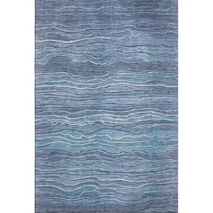 Photo of Blue Ivory And Gray Striped Washable Area Rug With UV Protection