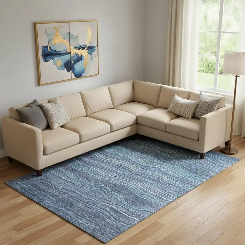 Blue Ivory And Gray Striped Washable Area Rug With UV Protection Photo 2