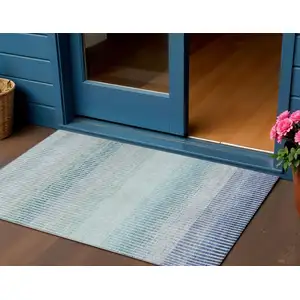 Photo of Blue Ivory And Gray Striped Washable Indoor Outdoor Area Rug