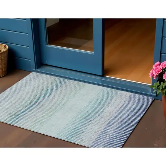 Blue Ivory And Gray Striped Washable Indoor Outdoor Area Rug Photo 1