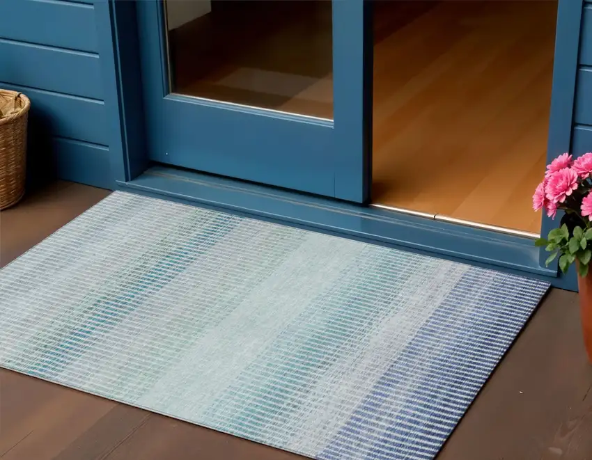 Blue Ivory And Gray Striped Washable Indoor Outdoor Area Rug Photo 1