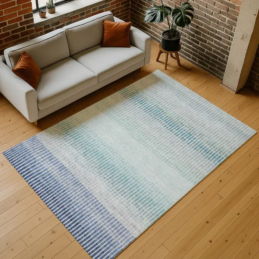 Blue Ivory And Gray Striped Washable Indoor Outdoor Area Rug Photo 8