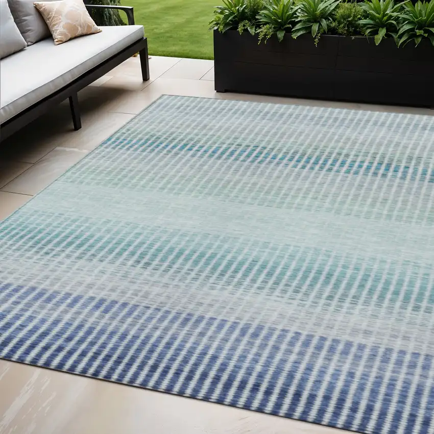 Blue Ivory And Gray Striped Washable Indoor Outdoor Area Rug Photo 1