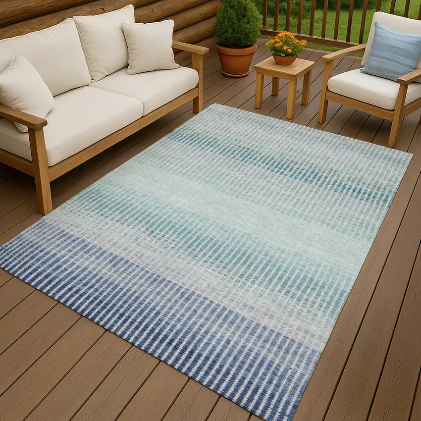 Blue Ivory And Gray Striped Washable Indoor Outdoor Area Rug Photo 9