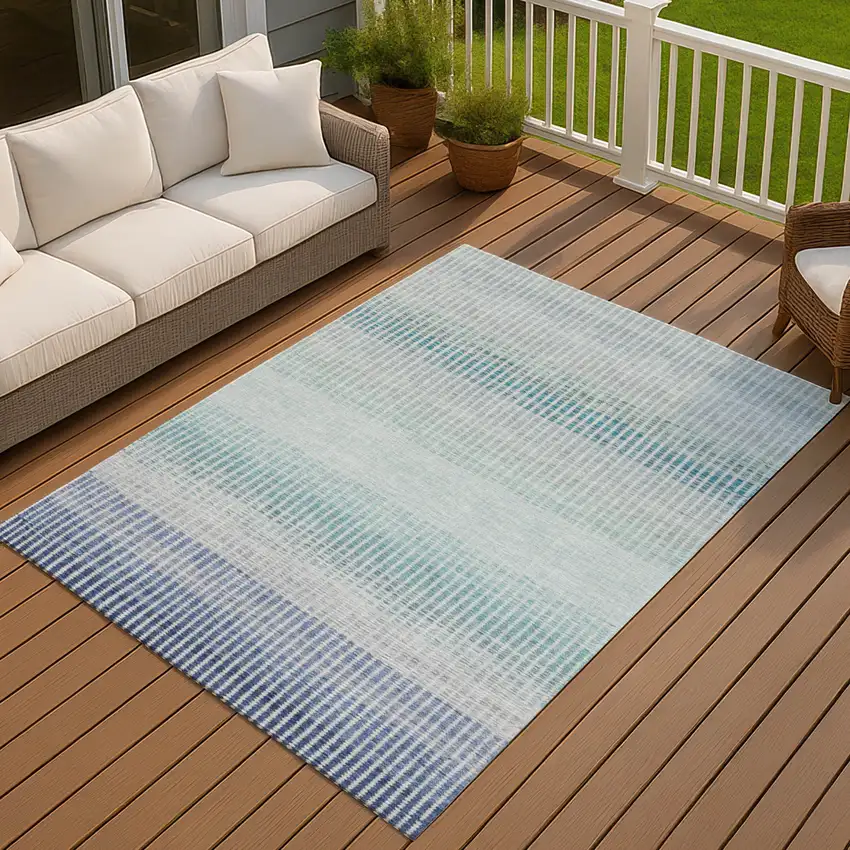 Blue Ivory And Gray Striped Washable Indoor Outdoor Area Rug Photo 6