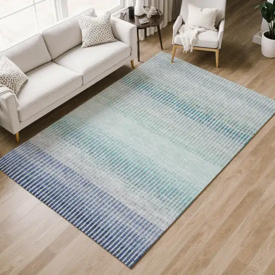 Blue Ivory And Gray Striped Washable Indoor Outdoor Area Rug Photo 7