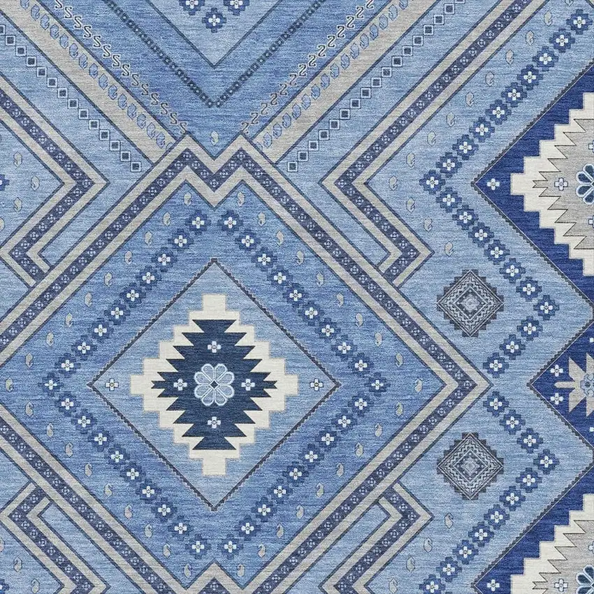 Blue Ivory And Gray Tribal Washable Area Rug With UV Protection Photo 2