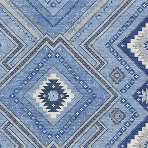 Photo of Blue Ivory And Gray Tribal Washable Area Rug With UV Protection