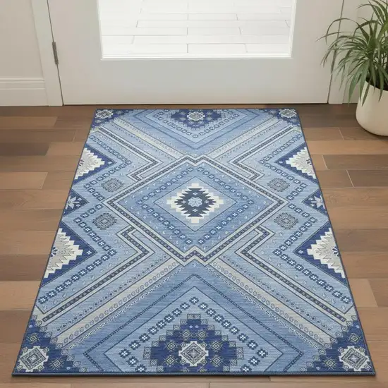 Blue Ivory And Gray Tribal Washable Area Rug With UV Protection Photo 2