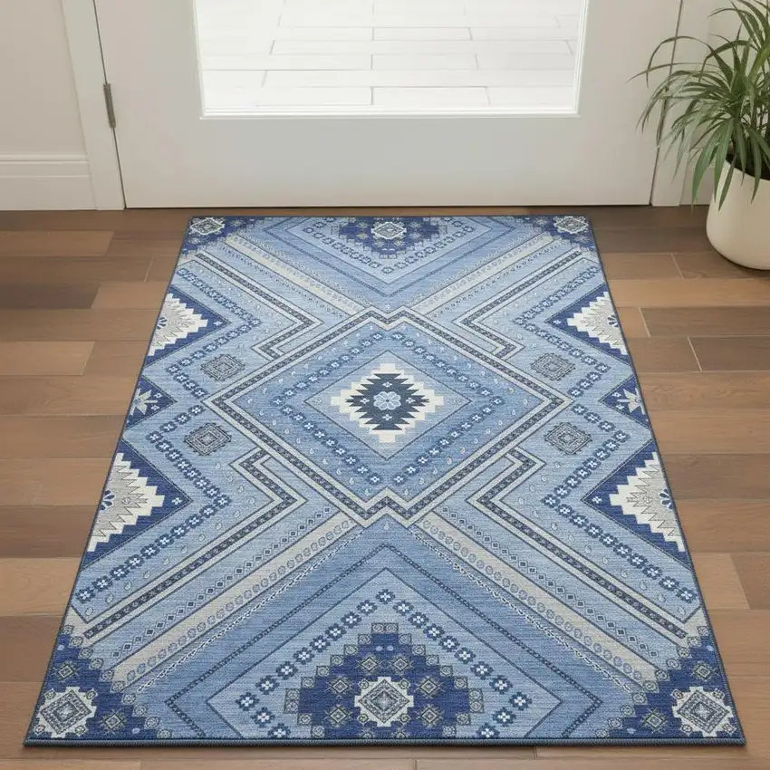 Blue Ivory And Gray Tribal Washable Area Rug With UV Protection Photo 2